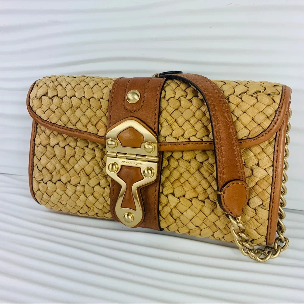 Michael Kors Tan Woven Straw Shoulder Bag with Gold Hardware